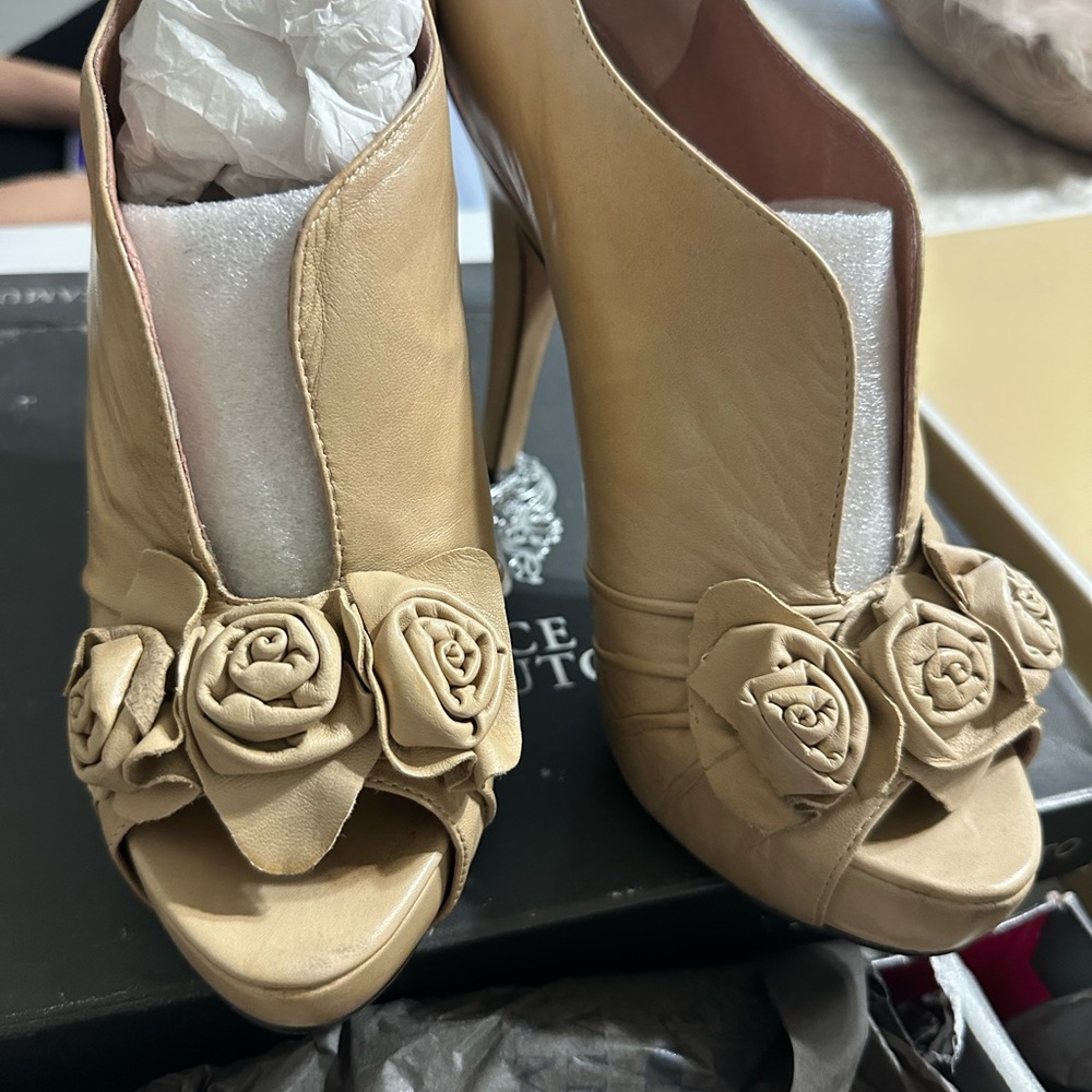 Vince Camuto Tan Peep-Toe Heels with Rosette Accents